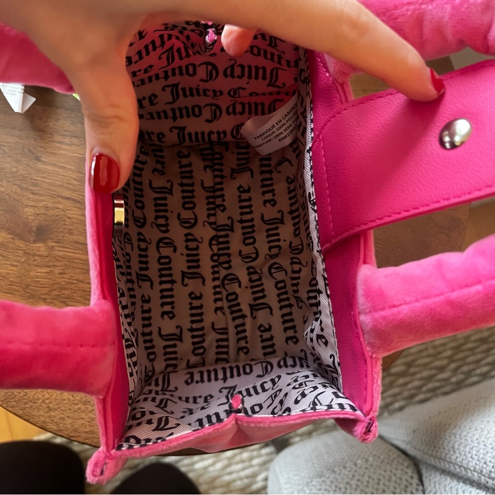 Y2K Hot Pink Juicy Couture Velour Velvet Jewel Stud Rhinestone Branded Plush Bag - Picture 4 of 4